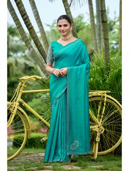 Nyri - Womens Satin Embellished Party Wear Saree with Unstitched Blouse - Green
