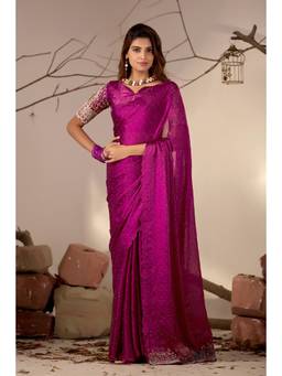 Nyri - Womens Chiffon Party Wear Saree with Lace Border & Embroidery Blouse