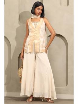 Soch - Womens White Tissue Zari Woven Top and Palazzo with Dupatta