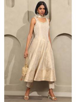 Soch - Womens Beige Brocade Zari Woven Anarkali Kurta and Pant with Dupatta