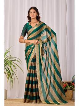 Nyri - Womens Satin Party Wear Saree with Lace Border with Unstitched Blouse - Green