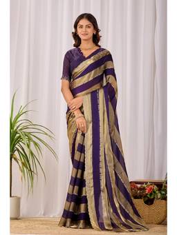 Nyri - Womens Satin Party Wear Saree with Lace Border with Unstitched Blouse - Purple