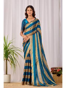 Nyri - Womens Satin Party Wear Saree with Lace Border with Unstitched Blouse - Blue