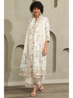 Soch - Womens White Linen Botanical Salwar Suit with Hand Embroidery
