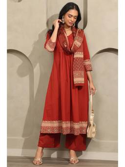 Soch - Womens Brick Rust Cotton Ajrak Kurta and Pant with Dupatta