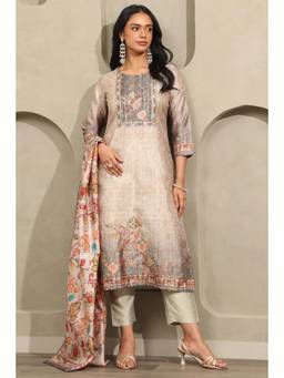 Soch - Womens Beige Art Silk Botanical Kurta and Pant with Dupatta