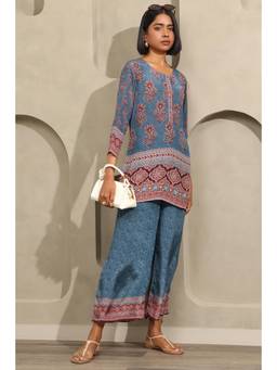 Soch - Womens Blue Crepe Ajrak Co-Ord Set with Beads and Stone