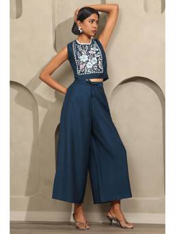 Soch - Womens Navy Blue Viscose Blend Botanical Embroidered Co-Ord Set
