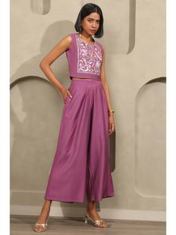 Soch - Womens Purple Viscose Blend Botanical Embroidered Co-Ord Set with Sequins