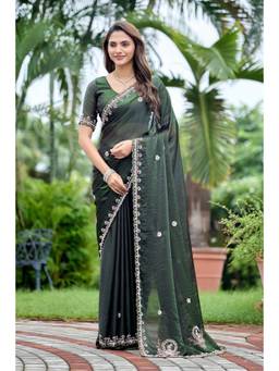 Nyri - Womens Satin Party Wear Saree with Lace Border with Unstitched Blouse - Green