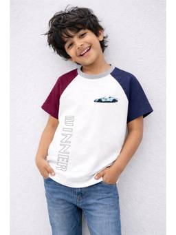 Bubble Berry - White Cotton Car Print Summer Colour Block T- Shirt