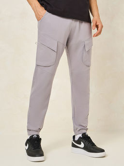 Styli - Mens Grey Cotton Blend Slim Fit Cargo Joggers with Drawstring