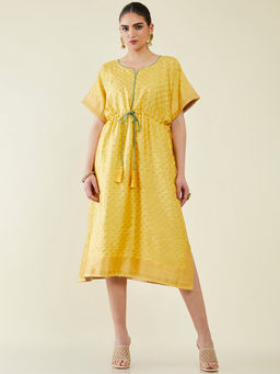 Soch - Women Mustard Brocade Woven Kaftan