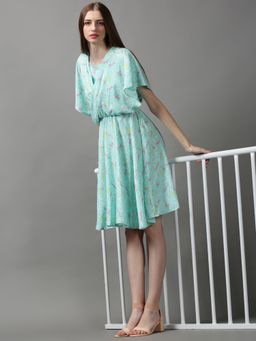 SHOWOFF - Womens Round Neck Abstract Sea Green Knee Length Dress