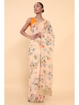 Soch - Women Peach Chiffon Floral Saree with Unstitched Blouse
