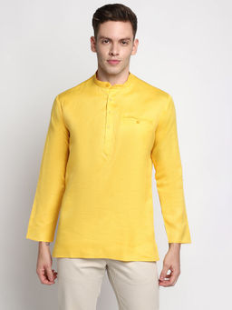 Devoiler - Men Self Design Yellow Cotton Short Kurta