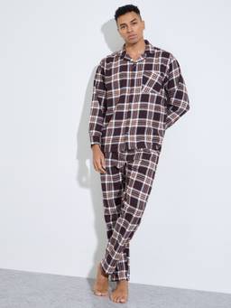 Styli - Men Brown Checked Relaxed Fit Long Sleeves Shirt and Pyjama Nightsuit