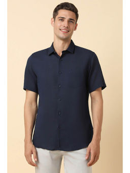 Allen Solly - Men Navy Blue Slim Fit Textured Half Sleeves Casual Shirt
