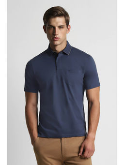 Peter England - Men Navy Blue Solid Collar Neck Polo T-Shirt