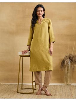 Fabindia - Women Mustard Silk Blend Embroidered Kurta