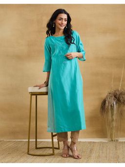 Fabindia - Women Aqua Cotton Embroidered Kurta