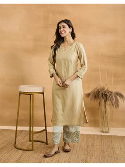 Fabindia - Women Beige Silk Blend Embroidered Kurta
