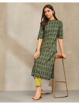 Fabindia - Women Teal Silk Blend Geometric Kurta