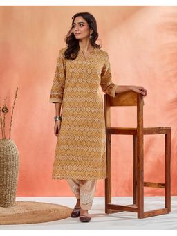 Fabindia - Women Mustard Cotton Geometric Kurta