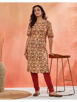 Fabindia - Women Beige Cotton Floral Kurta