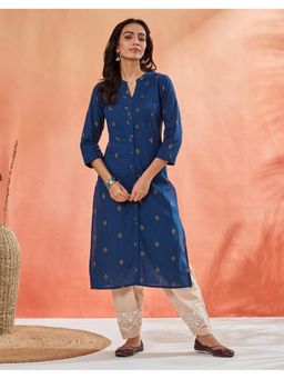 Fabindia - Women Teal Cotton Geometric Kurta