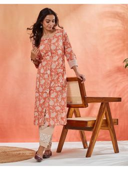 Fabindia - Women Coral Cotton Floral Kurta