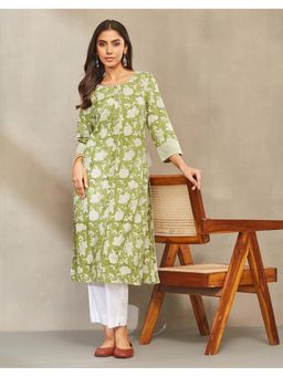 Fabindia - Women Green Cotton Floral Kurta