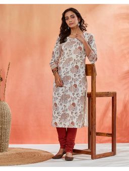 Fabindia - Women Off White Cotton Floral Kurta