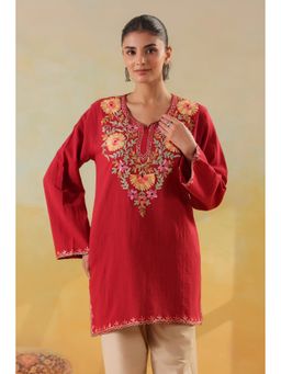 Zamour - Women Maroon Pure Cotton Embroidered Kurta
