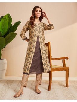 Fabindia - Women Beige Silk Blend Printed Kurta