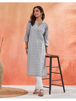 Fabindia - Women Grey Cotton Embroidered Kurta