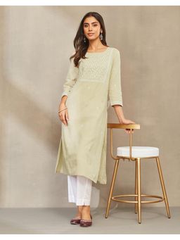Fabindia - Women Beige Cotton Embroidered Kurta