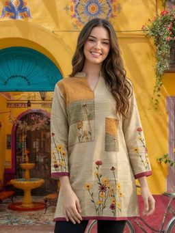 KAFTANIZE - Women Beige Linen Embroidered Short Kurti