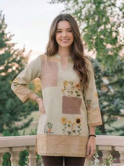 KAFTANIZE - Women Beige Linen Embroidered Short Kurti