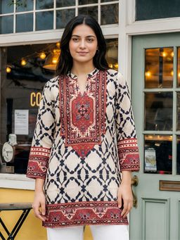 KAFTANIZE - Women Off White Cotton Geometric Short Kurti