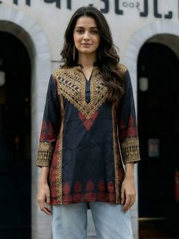 KAFTANIZE - Women Black Cotton Abstract Short Kurti