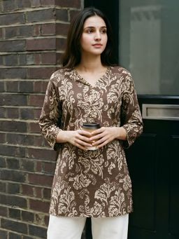 KAFTANIZE - Women Brown Cotton Abstract Short Kurti