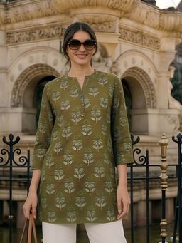 KAFTANIZE - Women Olive Cotton Floral Short Kurti