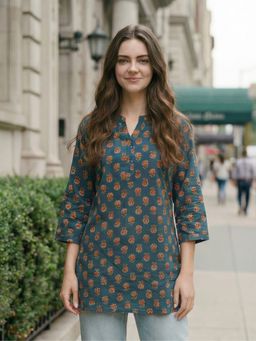 KAFTANIZE - Women Blue Cotton Floral Short Kurti