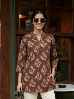 KAFTANIZE - Women Brown Cotton Floral Short Kurti