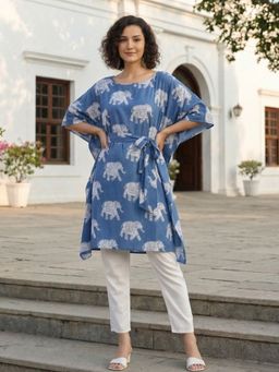 Maaesa - Women Aqua Cotton Animal Print Kaftan