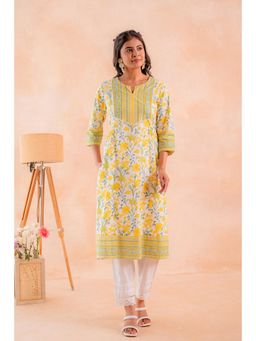 Juniper - Women Yellow Cotton Floral Kurta