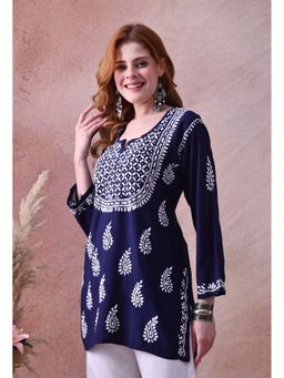 SYRISH - Women Navy Blue Rayon Embroidered Kurti