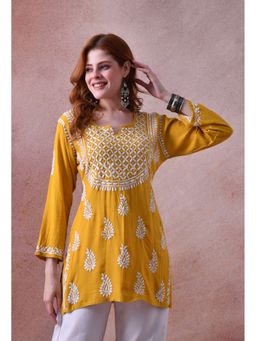 SYRISH - Women Yellow Rayon Embroidered Kurti