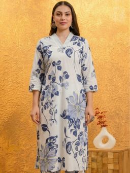ARAMYA - Women White Cotton Floral Kurta
